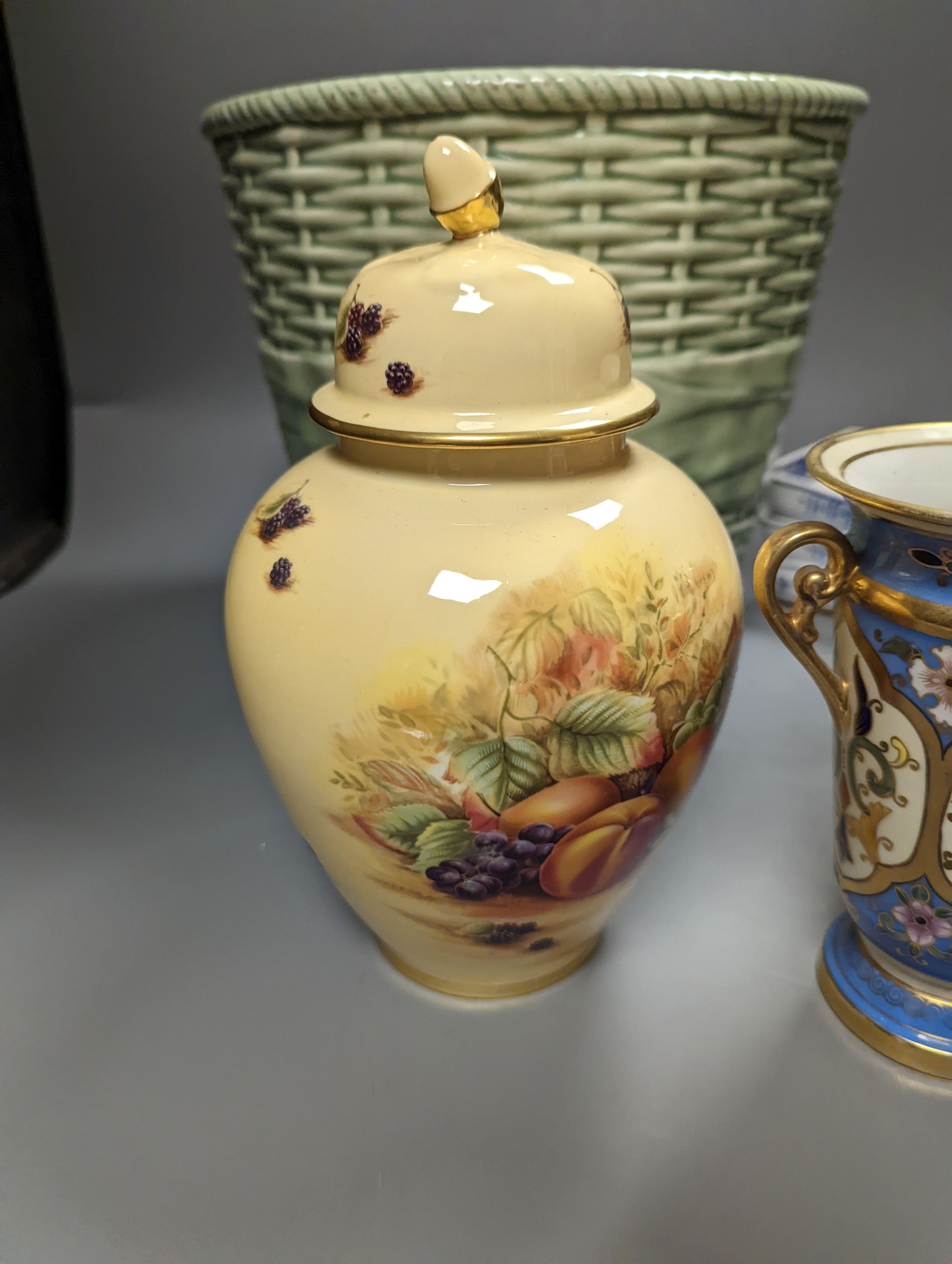 A collection of mixed porcelain including A pair of Bloor Derby scent bottles and stoppers, a Samson style bowl, 31cm, a Wedgwood teapot, Noritake vases etc